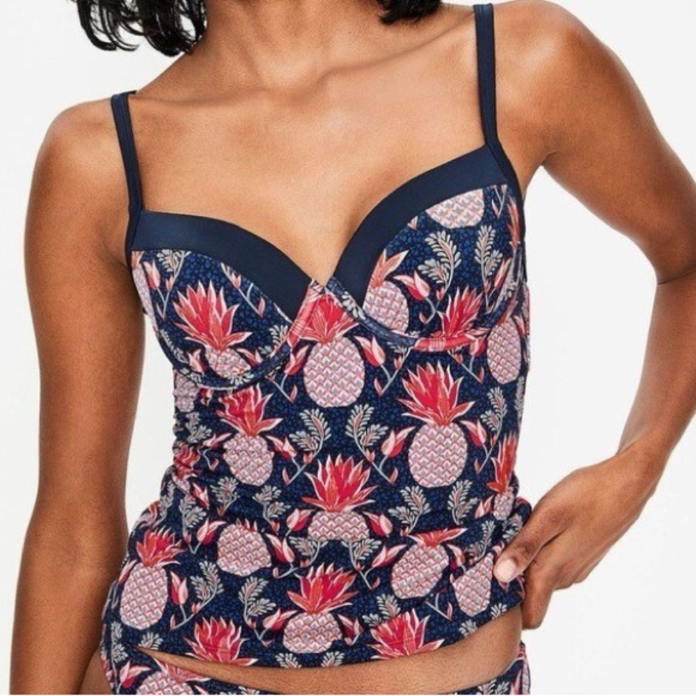 Boden Navy Floral Pineapple Tankini Top with Pink Accents